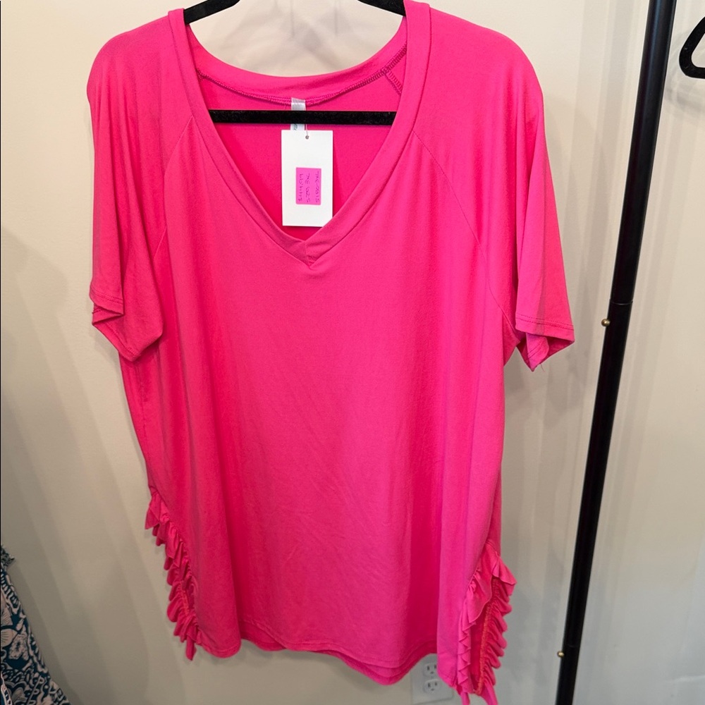 Pink V-Neck Women’s Top with Side Ruffle